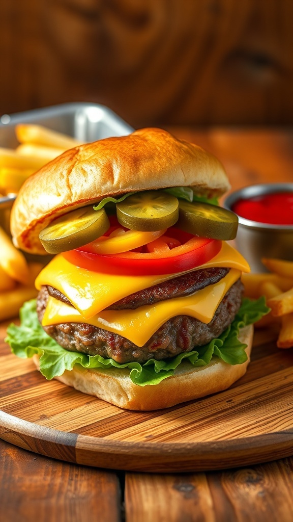 A classic hamburger with a juicy beef patty, cheese, lettuce, tomato, and pickles on a toasted bun, served with fries.